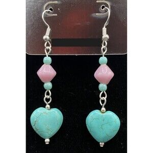 Handmade Faux Turquoise Heart Pink & Blue Glass Bead Earrings by Neanie-Bot
